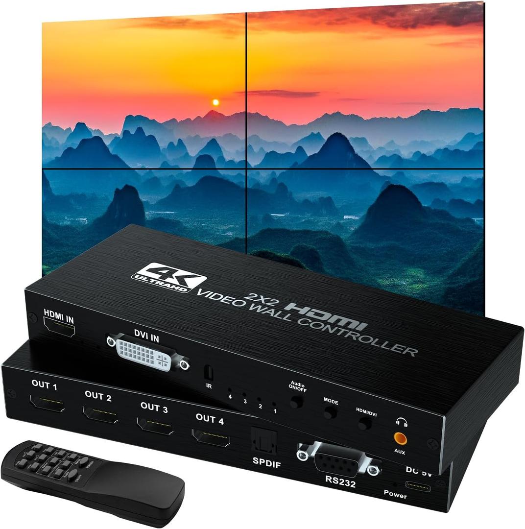 Video Wall Controller 2X2, Video Wall Processor 4K x 2K HD Display HDMI and DVI Input, 1080P@60Hz Output, 5.1CH Audio,180 Degree Rotate, 9 Splicing Display 2x2, 1x2, 1x3, 1x4, 2x1, 3x1, 4x1
