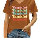 Thanksgiving Shirts for Women Thankful V Neck Shirt Family Thanksgiving Gifts Short Sleeve Tee Fall Top (Brown, S)
