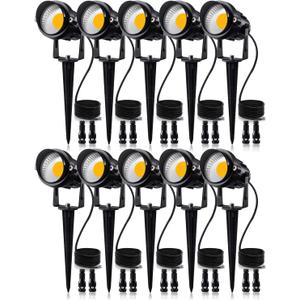 SUNVIE 12W Low Voltage LED Landscape Lights with Connectors, Outdoor 12V Super Warm White (900LM) Waterproof Garden Pathway Lights Wall Tree Flag Spotlights with Spike Stand (10 Pack with Connector)