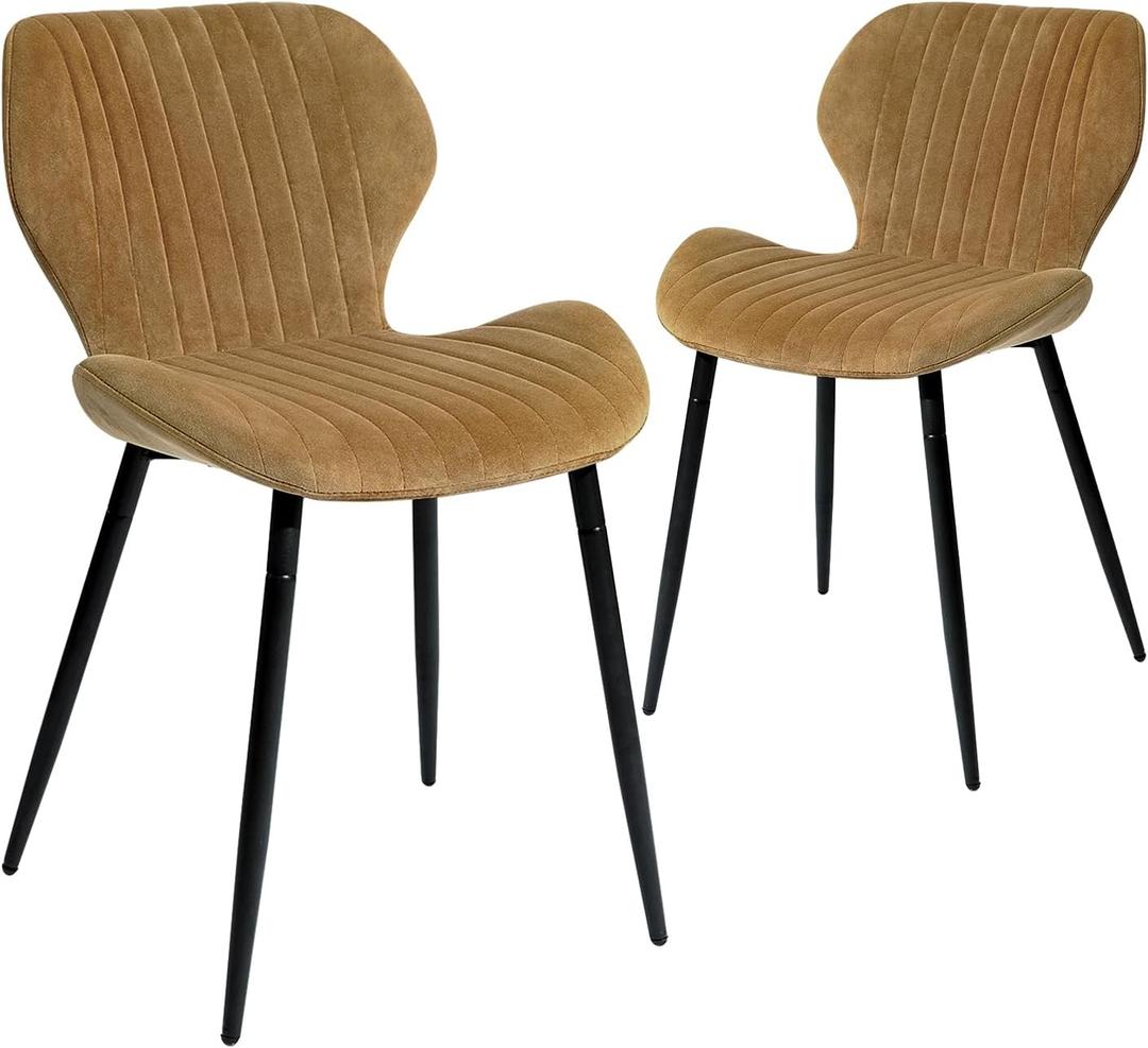 CangLong Modern Velvet Dining Chairs Set of 2, Modern Kitchen Chairs Comfortable Upholstered Armless Accent Dining Room Chairs with Metal Legs for Kitchen, Living Room, Yellowish Brown