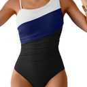 Aidonger One Shoulder One Piece Swimsuit for Women Tummy Control Bathing Suits Color Block Ruched Swim Suit Slimming Swimwear (L)