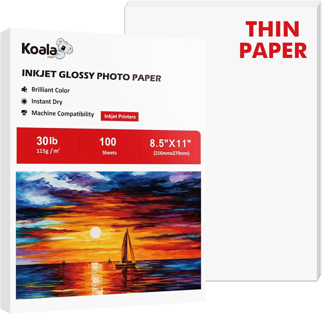 Koala Glossy Thin Inkjet Paper 8.5x11 Inches 100 Sheets Compatible with Inkjet Printer Use DYE INK 115gsm