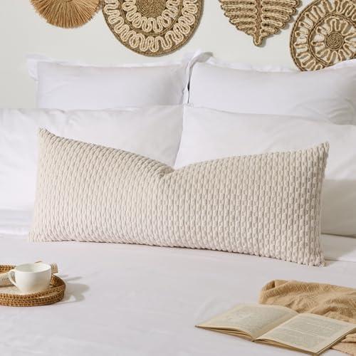 Kevin Textile 14x36 Inch Long Lumbar 2 Pack Boho Decorative Throw Pillow Cover Soft Striped Corduroy Rectangle Cushion Case Farmhouse Solid Color Accent for Living Room Couch Sofa Bed, Cream White