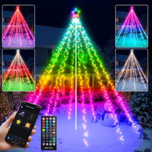 12FT 740LEDs Smart Outdoor Christmas Tree Lights With Sturdy Iron Pole, App Control DIY Color Changing, Music Sync, Timer, 100+ Modes Waterproof Large Star Waterfall Decorations for Outside Yard Lawn