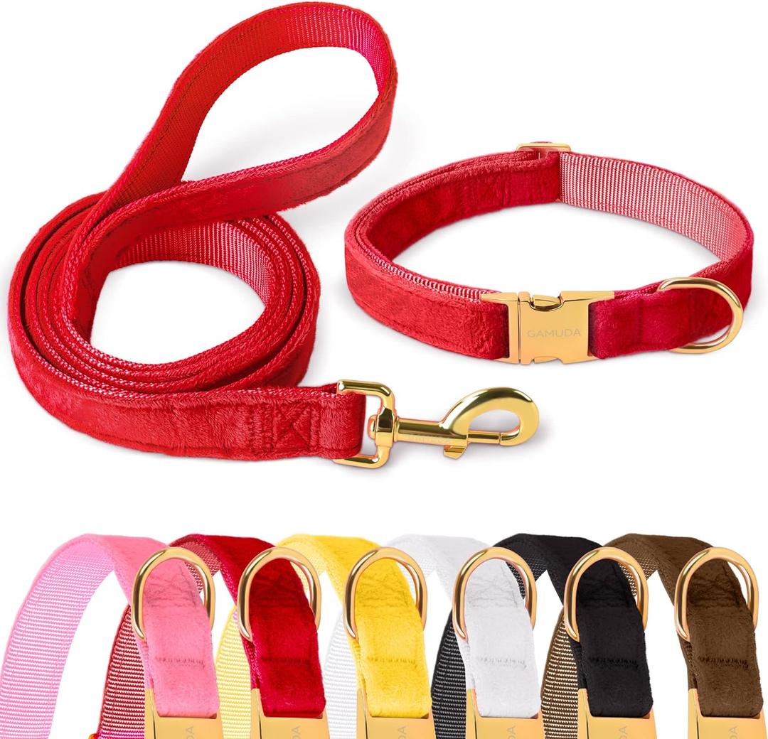 GAMUDA Velvet Dog Collar and Leash, Super Soft and Smooth, Heavy Duty Gold Buckle, Comfortable and Easy to Clean, Adjustable Collar for Dog (S, Red)