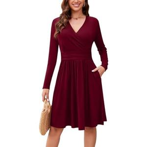 WEACZZY Women's Long Sleeve Casual Fall Dresses V-Neck Swing Floral Party Dress with Pockets 2026, M