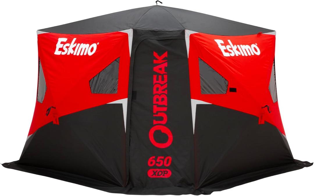 Eskimo Outbreak 650XDP, Pop-Up Portable Ice Fishing Shelter, No-Trip Door, 5-7 Person, Red/Black, 50650