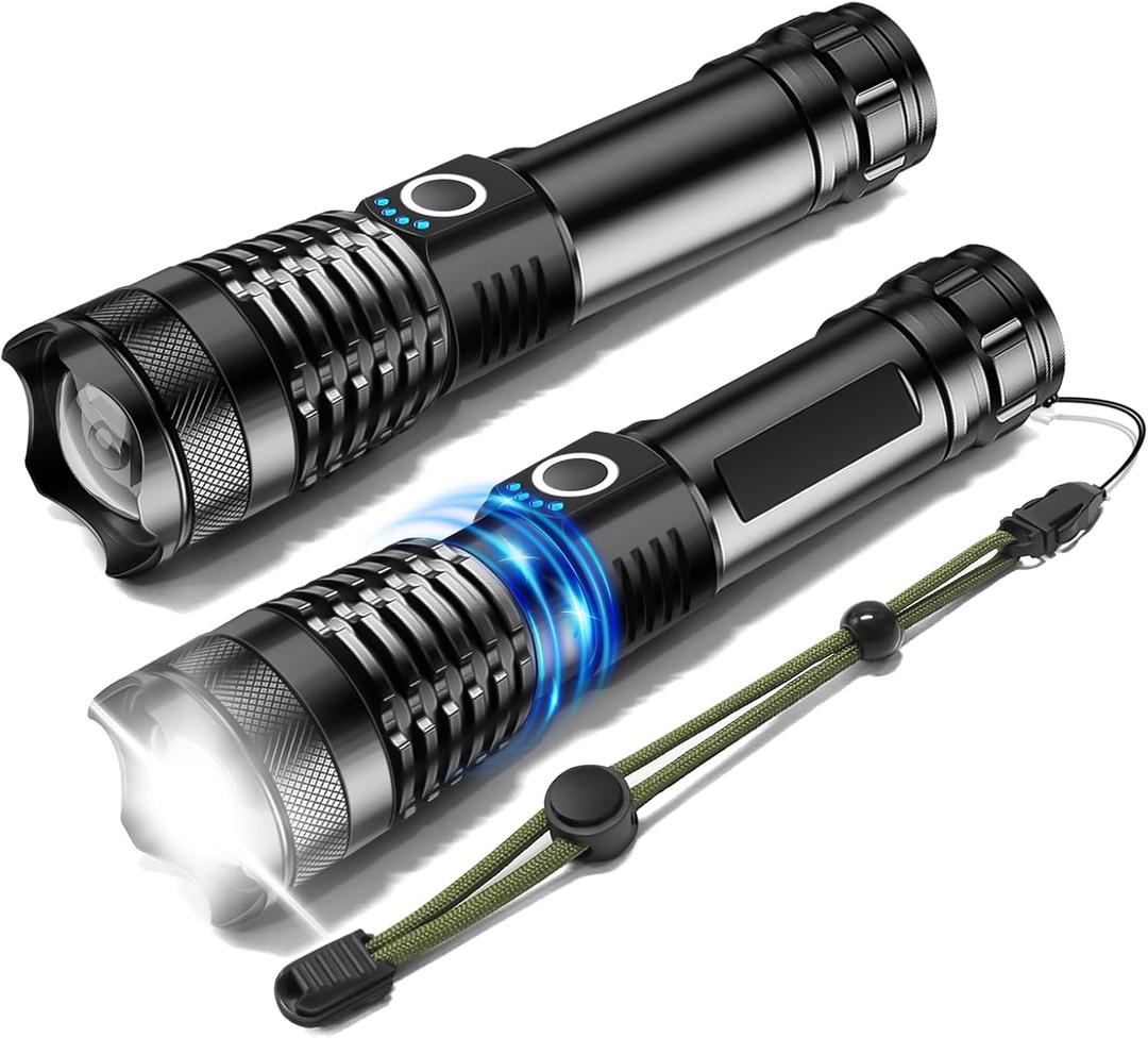 ISUNMEA Rechargeable Strong Flashlight, 2Packs Zoomable LED Powerful Flashlights 1500LM High Lumens w/ 5 Modes Waterproof Handheld Flash Light for Emergencies Outdoor Camping Hiking Home Power Outage