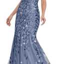 YHHOWEP Women's Formal Evening Gowns Long Sparkly Sequin Elegant Tulle Sleeve Mother of Bride Dress Bodycon Maxi Prom Dresses Dusty Blue S