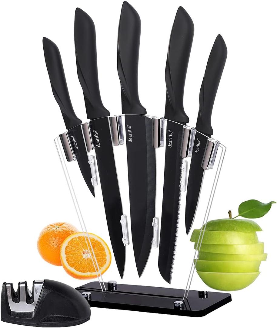 Kitchen Knife Set 7 Piece, High Carbon Stainless Steel Knife Block Set with Knife Sharpener, Professional Chef Knife Set with Acrylic Stand,Non stick coating for Anti-rusting and Sharp (Black)
