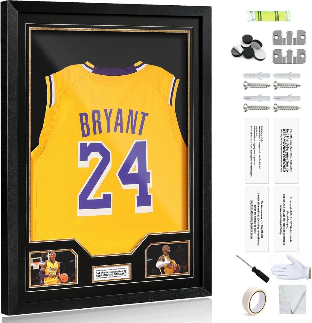 JupDec Jersey Frame Display Case, Large Clear Acrylic Shadow Box with UV Protection for Baseball Basketball Football Soccer Hockey shirts, Wall Mount Wooden Showcase, Idea Gift for Sports fans, 1 Pack