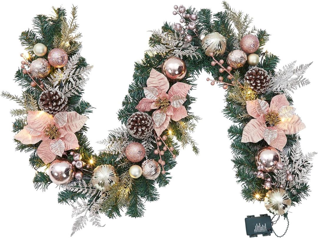 Garvee 6 Feet Christmas Garland with Lights for Mantle, Battery Operated Outdoor Christmas Garlands with Antlers Gold Balls, Prelit Garland Decorations for Fireplace Stair Railing TV Stand