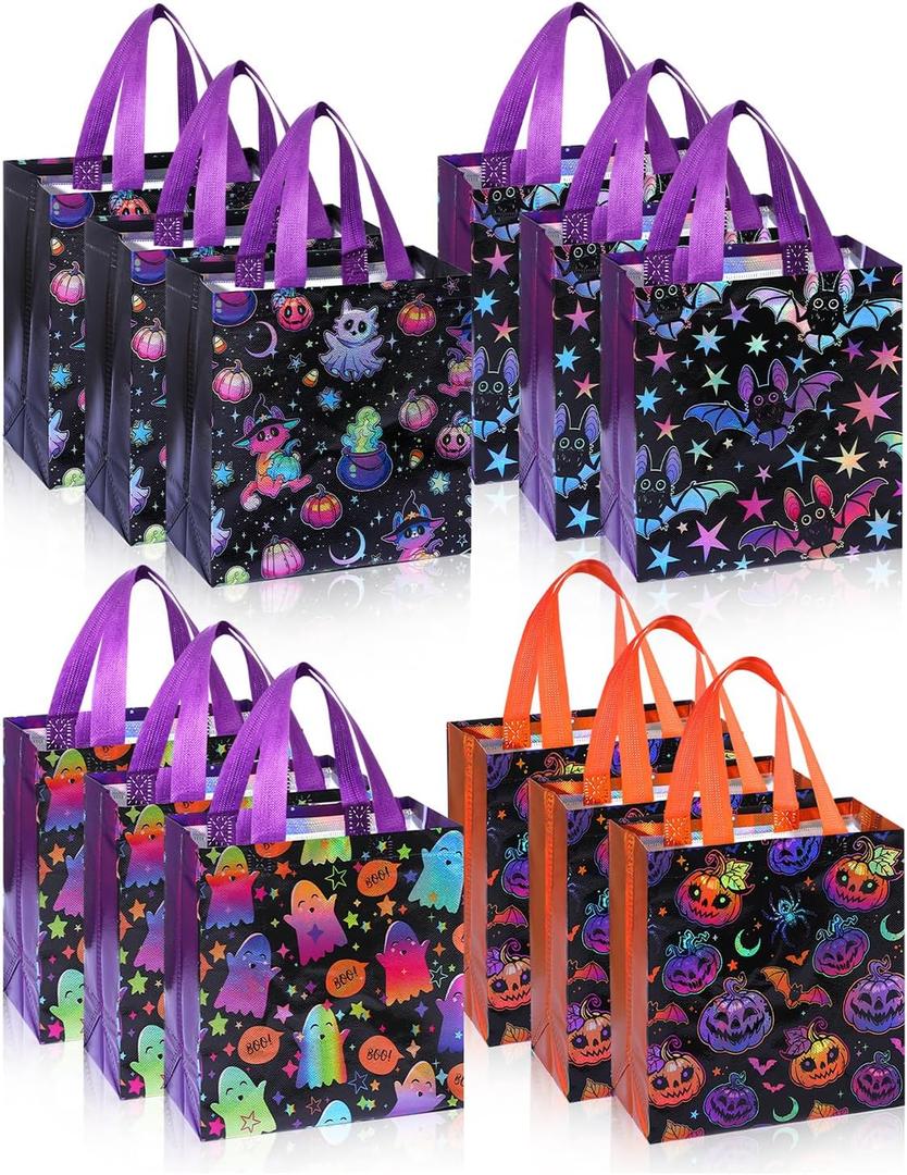 Liobelon 12 PCS Halloween Treat Bags Colorful Non-Woven Candy Tote Bag Reusable Party Gift Bags for Gifts Wrapping, Trick or Treat, Halloween Party Supplies, 9" X 8.7" X 4.3"