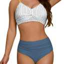 swimall Womens High Waisted Bikini Sets 2 Piece Swimsuit Twist Front Modest Tummy Control Bathing Suits (Medium, Stripe Blue)