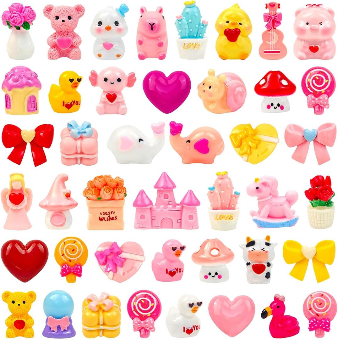 48Pcs Valentine's Day Miniature Figurines Valentines Mini Tiny Resin Animal Ducks Figures with Love Heart for Crafts Garden Micro Landscape Home Party Table Decor