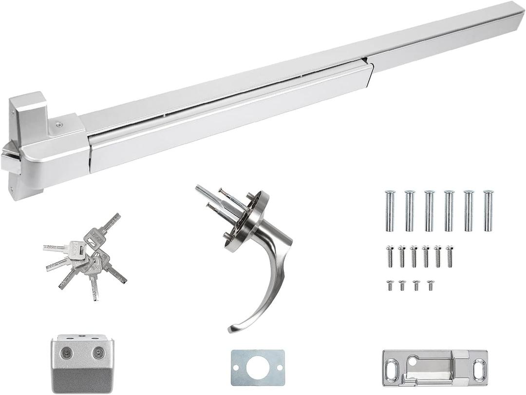 IRONWALLS Panic Bars for Exit Doors 41, Stainless Steel Commercial Push Bar Panic Exit Device with Exterior Door Lever Handle, Push Bar Door Lock Emergency Door Hardware for 41-53 Doors (Silver)