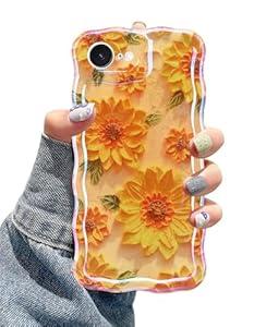 Jusy Compatible with iPhone 16e, Colorful Retro Oil Painting Printed Flower Laser Glossy Pattern Cute Curly Wave Phone Case Soft TPU Cover for Girly Women - Sunflower