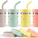 Pandaloo Smoothie Cups for Kids - Stainless Steel Toddler Tumbler with Straw, Sippy Cup for Smoothies - BPA-Free, Toddler Snack Cups, 10 oz (Pack of 4, Creamy Mushroom/Sage/Lime/Peach)