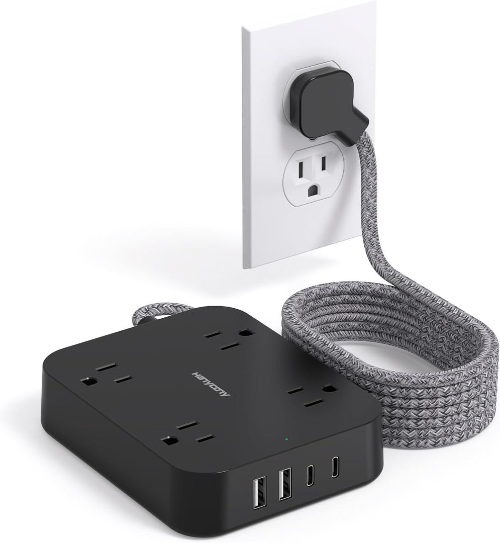 Black Flat Plug Extension Cord, HANYCONY 10ft Power Strip with 4 USB Ports(2 USB C), 4 Widely Outlets Extender, Wall Mount, Desk Charging Station for Office, School, Travel and Dorm Room Essentials