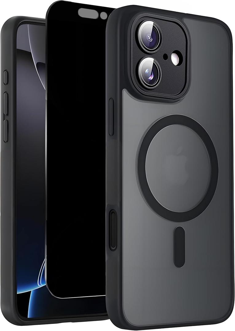 Magnetic for iPhone 16 Cases with Privacy Screen Protector & Full Camera Cover,[Non-Yellowing] Compatible with MagSafe for 16 6.1'' Case Men,Black