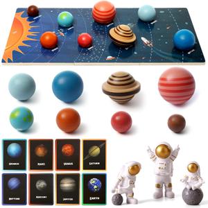 Wooden Solar System Model BoardKids Solar System with Astronauts Montessori Planet Toys,Educational Planets Balls,Preschool Learning PuzzleSpace Knowledge Flash Cards Learning Toys for Kids