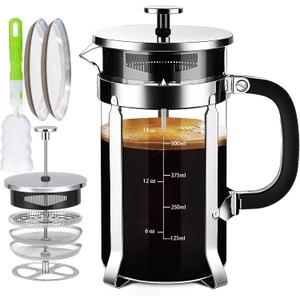French Press Coffee Maker 304 Stainless Steel Coffee Press,with 4 Filters System, Heat Resistant Thickness Borosilicate French Press Glass, BPA-Free Brewed Tea Pot Coffee Plunger(Copper 12oz) (21 oz, Silvery)
