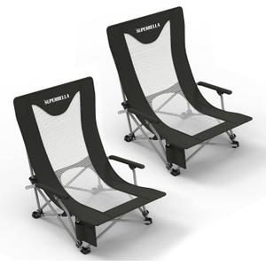 Portable Beach Chair for Adults with Cup Holder Hard Arm Folding Lawn Chairs for Outdoor Activities, Camp, Sports, Beach, Travel & Picnic, Supports up to 400 lbs, Two Packs