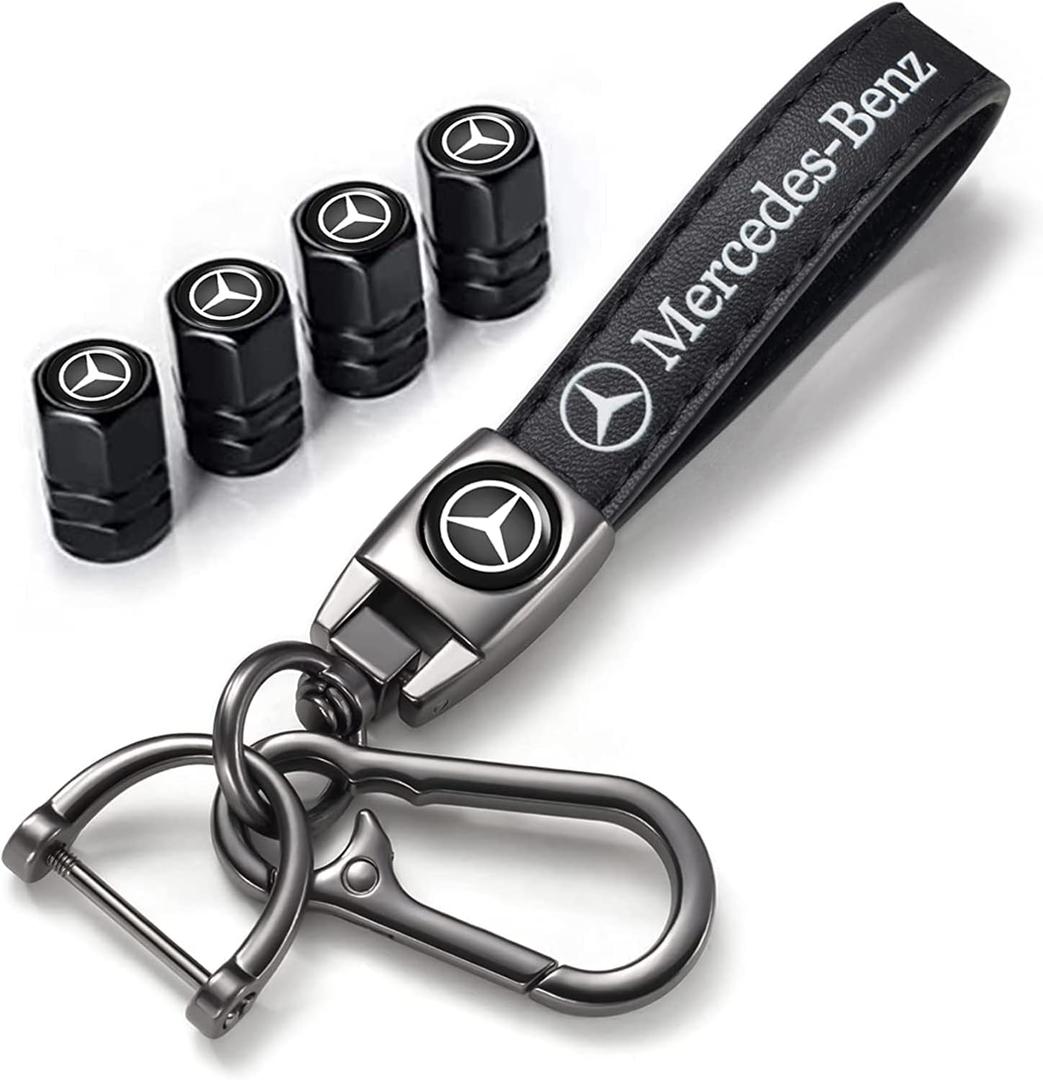 for Mercedes Benz Keyring, 4PCS Valve Stem Caps and Car Keychain Combo Compatible with Mercedes Benz C E S M Serie CLK GLK GL AB AMG GLS GLE AMG, Black