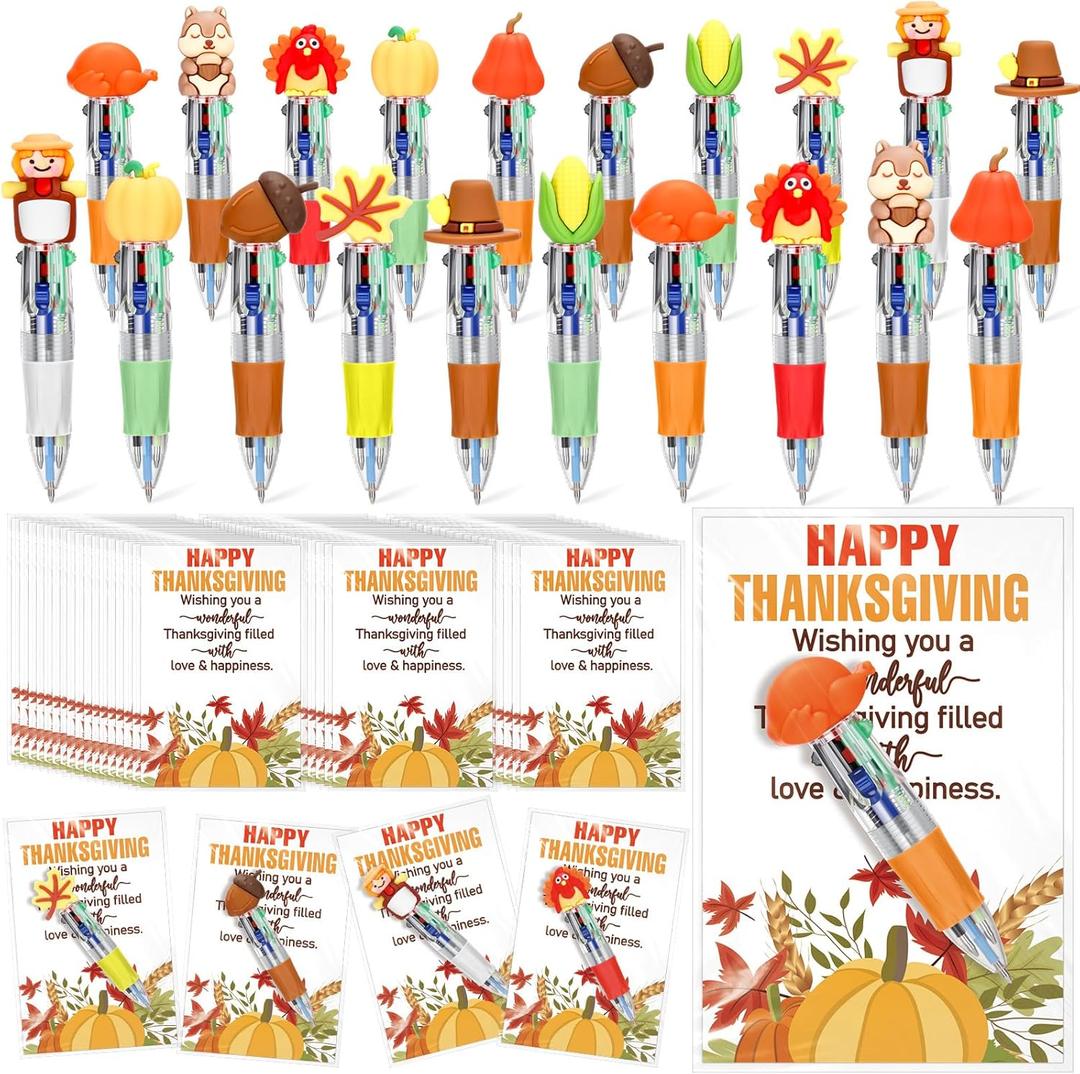50 Sets Thanksgiving Gifts Bulk Include 4-in-1 Pen Multicolor Pen Cute Autumn Pumpkin Maple Greeting Card Thanksgiving Party Favor Fall Gifts for Reward Employee Coworker