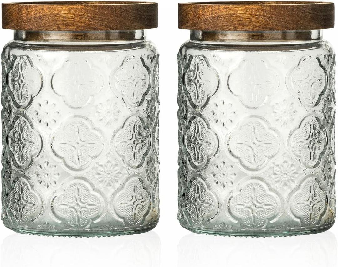 Snminetal Vintage Glass Kitchen Storage Counter Jar, Kitchen and Pantry Glass Storage, with Airtight Wood Lid for Cookies, Candy, Coffee Tea Beans, Grains,Food Storage Containers (plum-pattern*2)