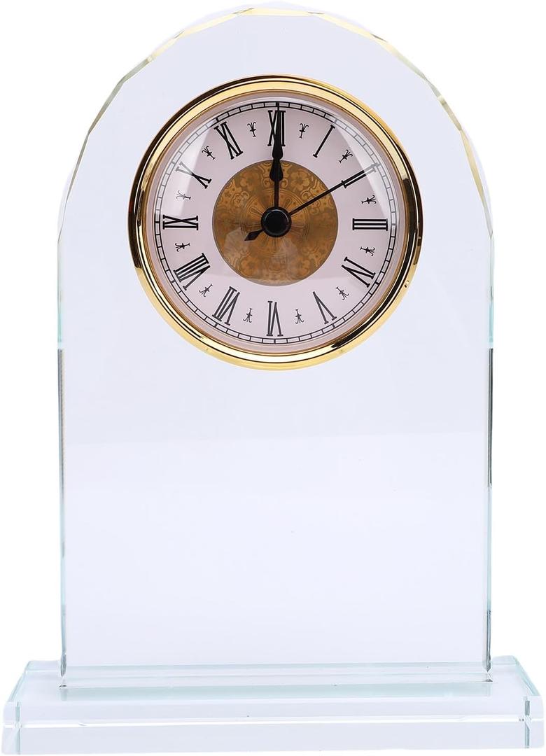 Yinhing Crystal Glass Clock with Base, Engraved Golden Text on Crystal and Base, Stand Alone Decorative Piece for Desk Bookshelf Bedside Table, Unique Retirement Birthday Colleagues