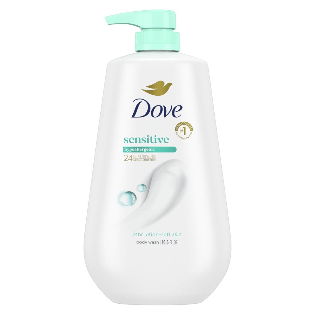 Dove Body Wash with Pump Sensitive Skin For 24hr Lotion-Soft Skin Moisturizing Skin Cleanser Gentle Hypoallergenic Formula with No Sulfates No Parabens 30.6 oz