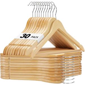 HOUSE DAY Wooden Hangers 30 Pack, Solid Wood Clothes Hangers with Non Slip Pant Bar, Heavy Duty Wooden Coat Hanger for Closet, Smooth Finish Wood Hangers for Shirts, Suits Jackets, Dress, Natural