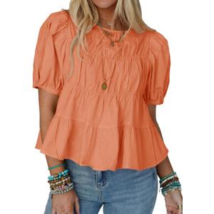 Tankaneo Womens Puff Sleeve Peplum Babydoll Tops Summer Smoked Pleated Cotton T-Shirts Casual Loose Fit Flowy Blouse (Large, Orange)