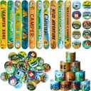 Junkin 60 Pcs Camping Slap Bracelets Camping Party Decorations Camper Badge Camper Party Gifts Wristbands Pin for Kids Boys Classroom Birthday Decoration Forest Adventure Decor