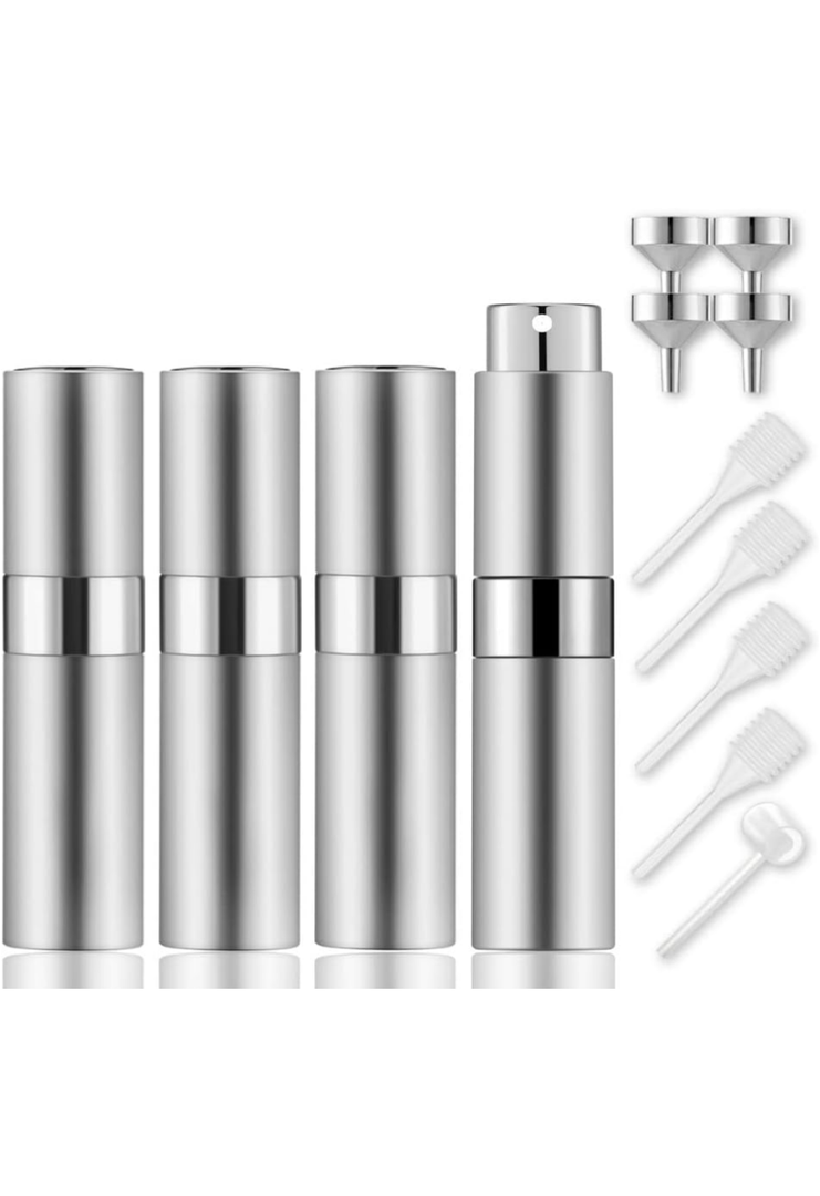 Lil Ray 8ml Portable Mini Perfume Atomizer(4 PCS)，Refillable Empty Small Spray Bottle for Travel, Twist Tpye Pocket Cologne Sprayer (Silver)