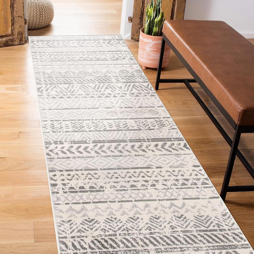 Rugshop Geometric Boho Perfect for high Traffic Areas of Your Living Room,Bedroom,Home Office,Kitchen Runner Rug 2ft x 10ft Gray (Grey)