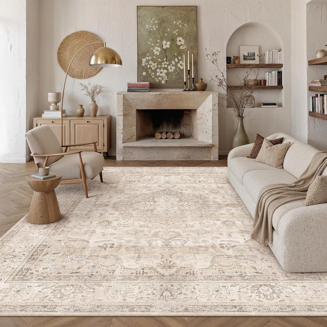 PureCozy Beige 8x10 Area Rug for Living Room,Non-Slip Washable Carpet,Floral Vintage Distress Print Pattern Area RugEasy Care for High Traffic Soft Carpet in Bedroom Office Coffee Table Dining Room