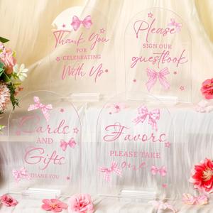 4 Pcs Pink Baby in Bloom Table Signs Bow Baby Shower Decorations with Stand Thank You for Celebrating with Us Signage Reception Cards Acrylic Sign Centerpieces Wedding Birthday Party