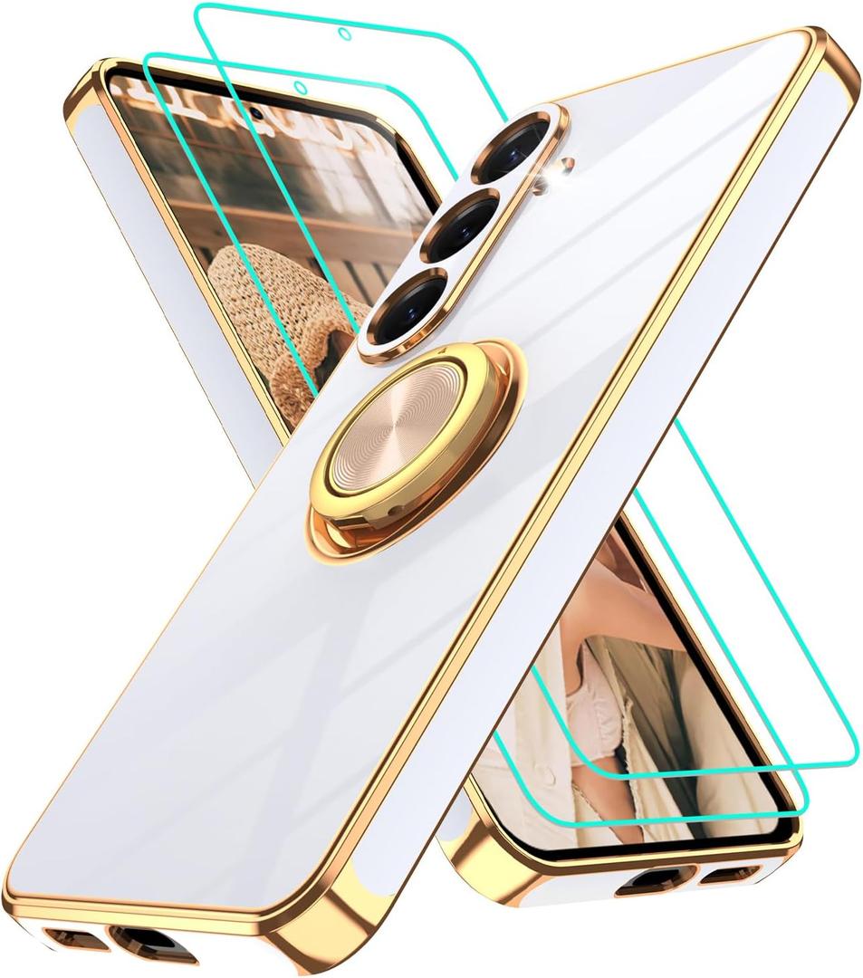 Gritup for Samsung Galaxy S25 Plus Case: with 2Pcs Screen Protector, 360 Rotation Ring Holder Magnetic Kickstand Plating Gold Edge Soft TPU Shockproof Protective Cover for S25 Plus, White