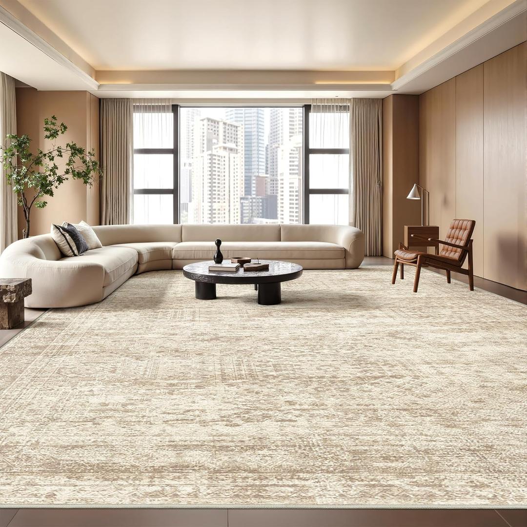 8x10 Area Rugs for Living Room, Non-Slip Backing Large Washable Rug for Nursery Room, Vintage Abstract Bedroom Rugs, Thin Indoor Home Decor Soft Farmhouse Rug (8'x10', Beige/Ivory)