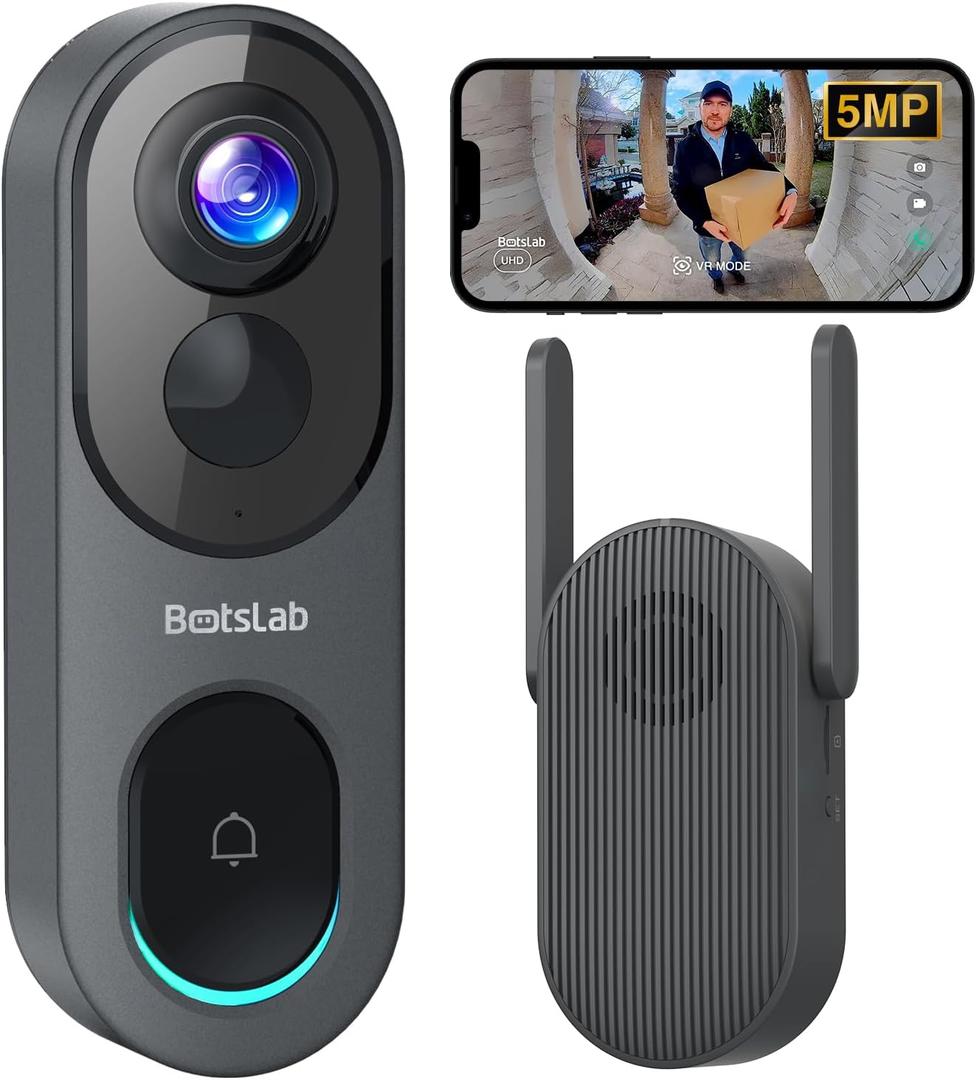 BOTSLAB 5MP Wireless Video Doorbell Camera,180 Head-to-Toe View, AI Motion Detection, VR Mode, Battery or Wired Powered, Easy Installation, Weatherproof, No Monthly Fee, 2.4GHz WiFi (Dark Grey)