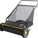 Push Lawn Sweeper, 26-Inch Width, 7 Cu. Ft. Hopper Capacity, 4 Spinning Brushes, Adjustable Height, Durable Steel Frame with Rubber Wheels, Yellow & Black