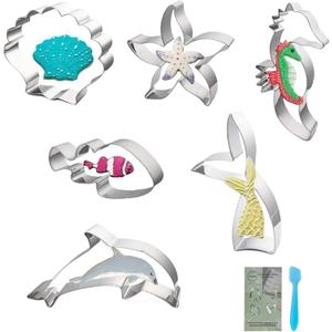 Ocean Cookie Cutters Under The Sea Creatures Cookie Cutter Set with Conch, Seahorse, Seastar, Seashell, Octopus, Clownfish, Mermaid Tail, Crab (6)