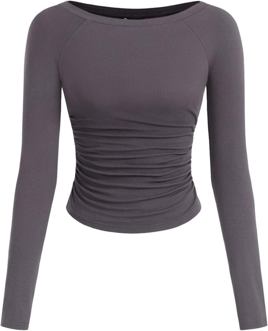 PRETTYGARDEN Long Sleeve Shirts for Women 2026 Fall Ruched Sides Boat Neck Basic Tee Casual Fitted Ribbed Knit Crop Tops (Gray, XL)