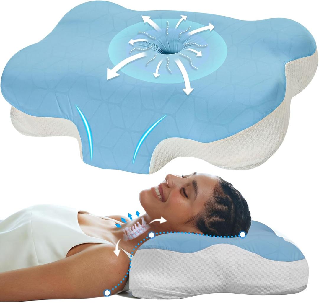 Cervical Pillow - Memory Foam Pillow for Neck Support, Ergonomic Contour Pillow for Back and Side Sleepers, Breathable Slow-Rebound Foam (1, Blue)