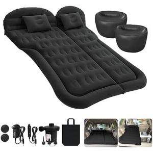 ISWEES Car Bed SUV Air Mattress, Car Air Mattress with Home Power Adapter, Electric Pump, 2 Inflatable Pillows and 2 Footrests for Back Seat, Side Seat,Trunk Sleeping, Thickened Camping Bed - Black