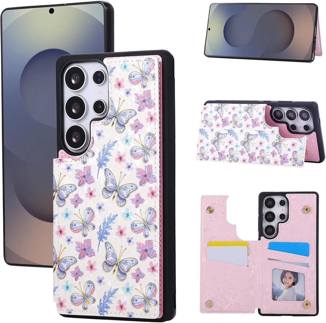 UEEBAI Wallet Case for Samsung Galaxy S25 Ultra 5G with Card Holders, PU Leather Floral Cover Kickstand RFID Blocking Double Magnetic Clasp Rilievo Flower Flip Case for Women Girls - Butterfly