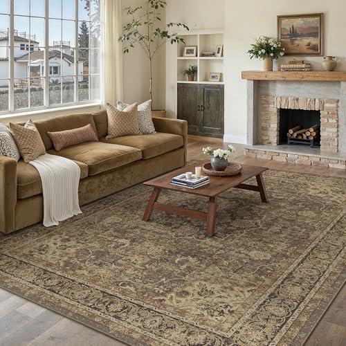 WondRg 6x9 Brown Washable Vintage Area Rug for Living Room Bedroom Soft Tranditional Non Slip Large Throw Rug Lightweight Floral Low Pile Distressed Carpet Office Playroom Dining Laundry Room