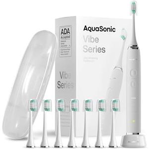 Aquasonic Vibe Series Ultra-Whitening Toothbrush – ADA Accepted Electric Toothbrush - 8 Brush Heads & Travel Case – 40,000 VPM Motor & Wireless Charging - 4 Modes w Smart Timer – Optic White
